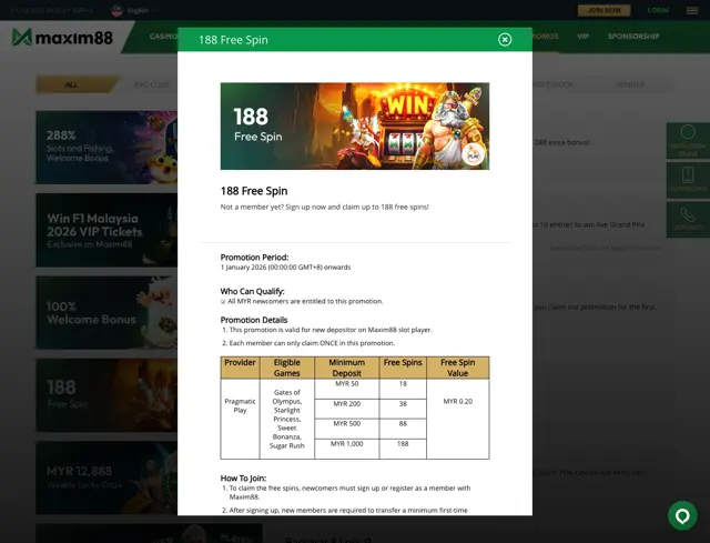 Maxim88 188 free spins promotion on Pragmatic Play slots with deposit tiers