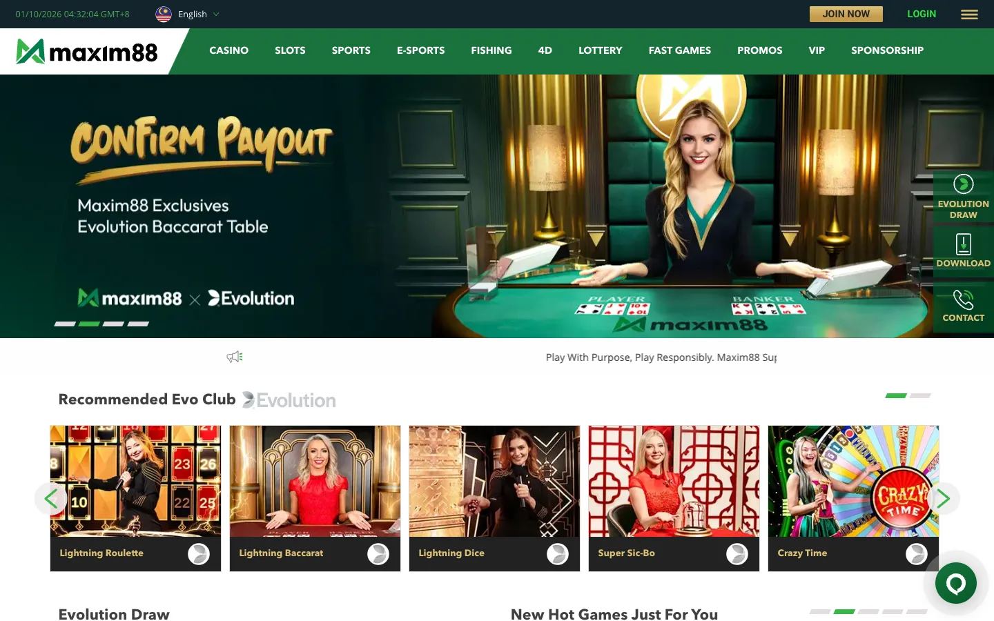 Maxim88 Malaysia homepage with the exclusive Evolution baccarat table banner and Evo Club games