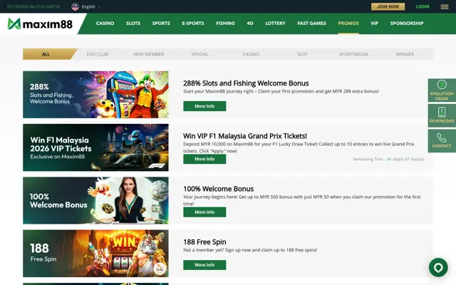 Maxim88 promotions page listing welcome bonuses, F1 ticket draw and free spins