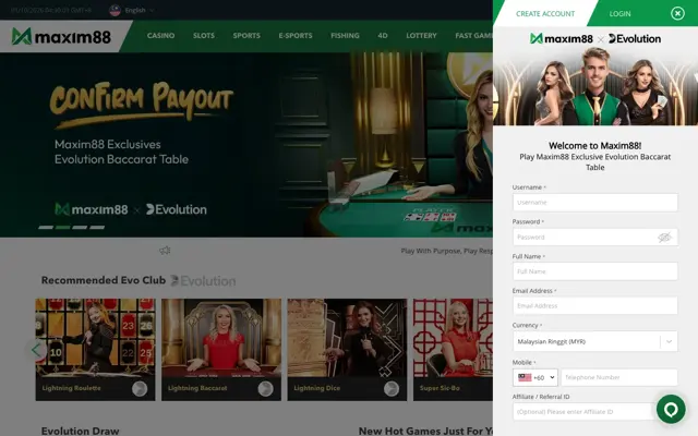 Maxim88 create account form with username, password, full name, email, currency and mobile