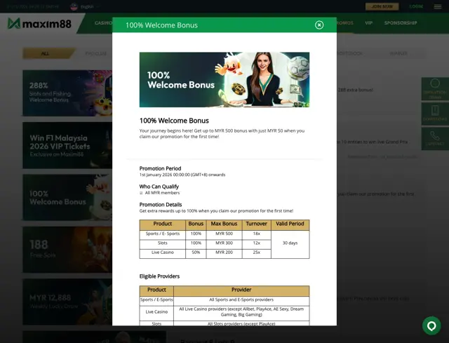 Maxim88 100% welcome bonus table for sports, slots and live casino