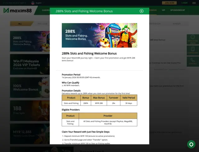 Maxim88 288% slots and fishing welcome bonus terms showing MYR 288 max bonus and 28x turnover