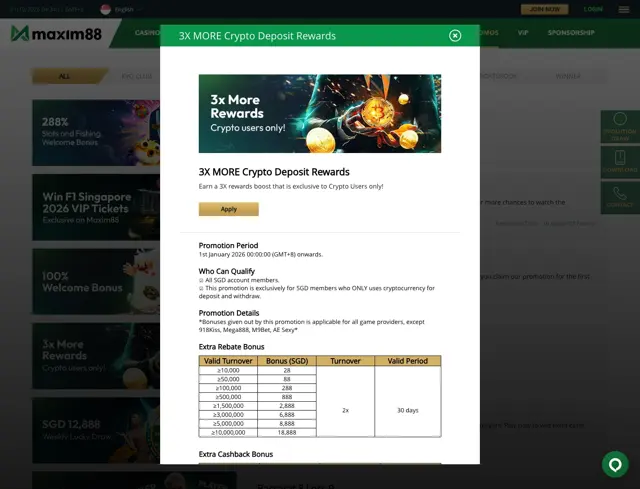 Maxim88 3X More Crypto Deposit Rewards terms with the extra rebate bonus table