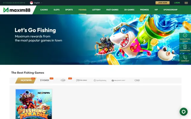 Maxim88 Singapore fishing games page with seven providers