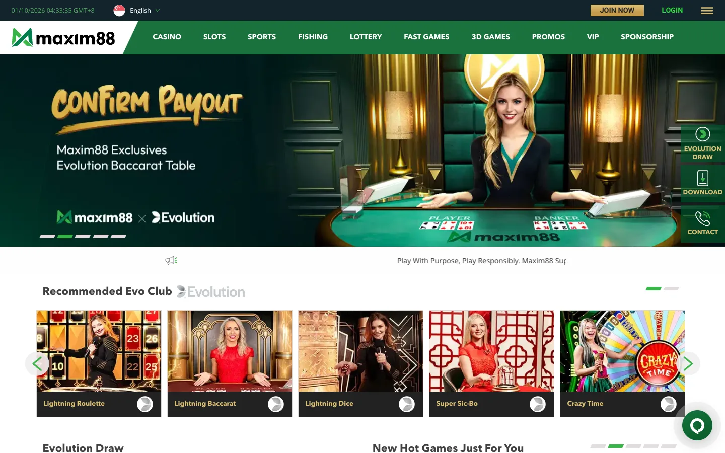 Maxim88 Singapore homepage with the exclusive Evolution baccarat table banner and Evo Club games