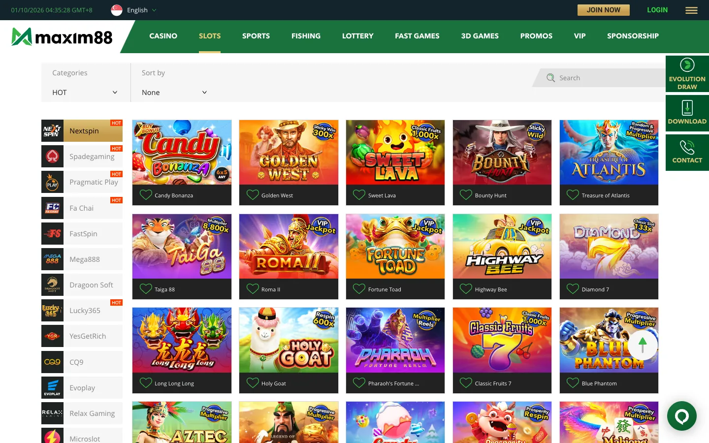 Maxim88 Singapore slots lobby with provider list