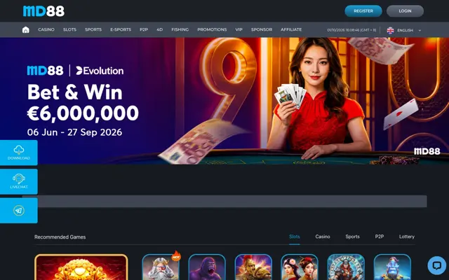 MD88 Malaysia homepage on desktop with an Evolution promo banner and recommended slots
