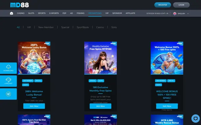 MD88 promotions page with the 288% welcome bonus, monthly free spins and 100% + 100 free spins offers
