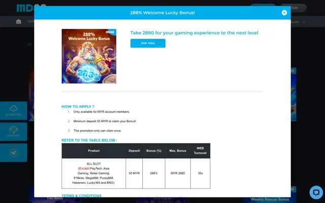 MD88 288% Welcome Lucky Bonus terms showing a MYR 50 minimum deposit, MYR 2,880 maximum bonus and 35x turnover
