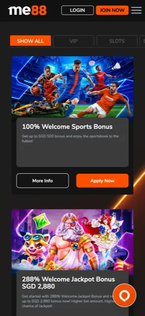 me88 mobile promotions page with welcome sports bonus and 288% welcome bonus
