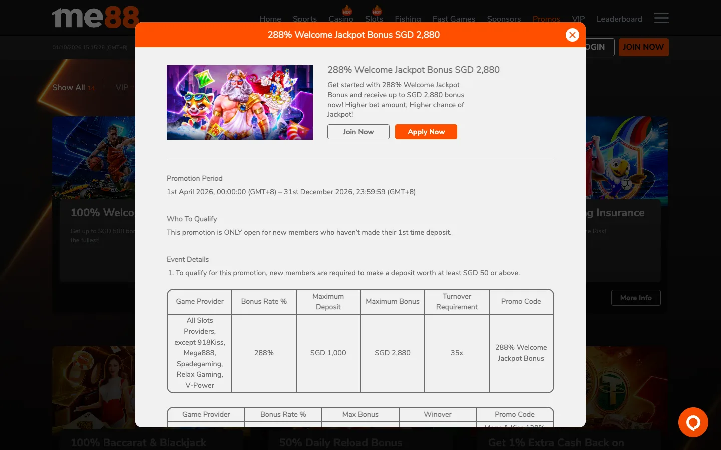 me88 288% Welcome Jackpot Bonus terms