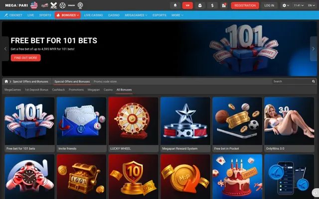 Halaman promosi Megapari dengan Free bet for 101 bets sehingga 4,595 MYR, Lucky Wheel dan Reward System