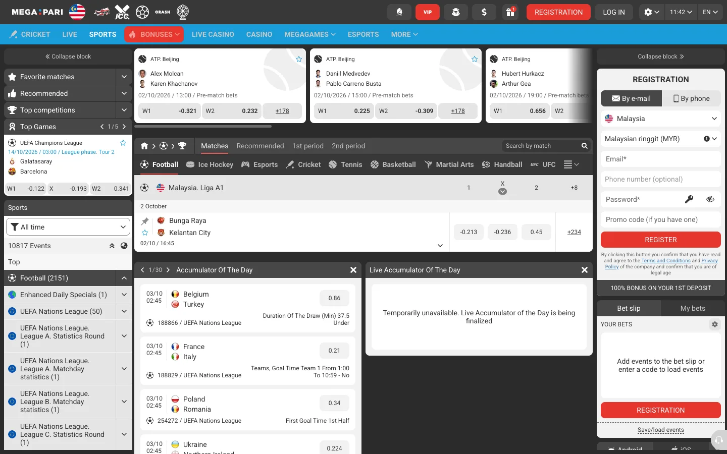 Sportsbook Megapari dengan perlawanan Liga A1 Malaysia