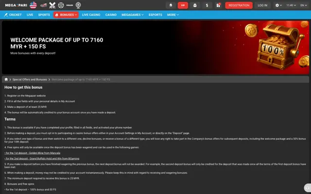Halaman pakej alu-aluan kasino Megapari sehingga 7160 MYR + 150 FS dengan terma