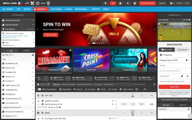 Megapari homepage (Philippine version) with the Spin to Win banner and a sign-up box set to Philippines and PHP