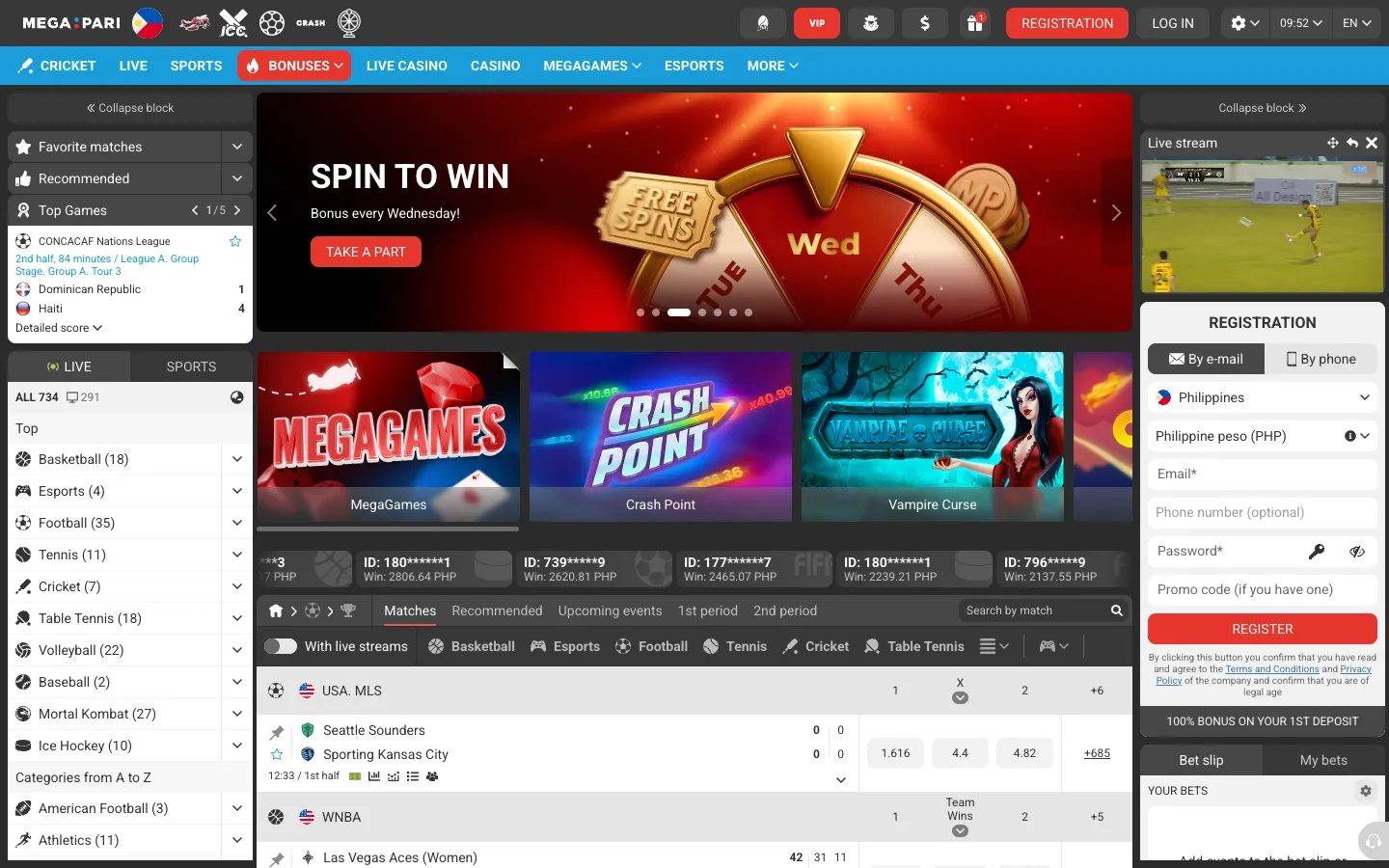 Megapari homepage (Philippine version) with the Spin to Win banner and a sign-up box set to Philippines and PHP