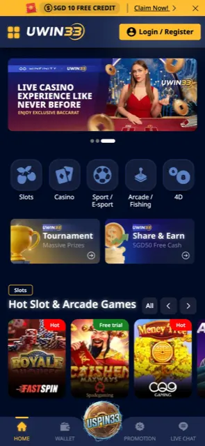 UWIN33 Singapore mobile home screen with game categories and bottom menu