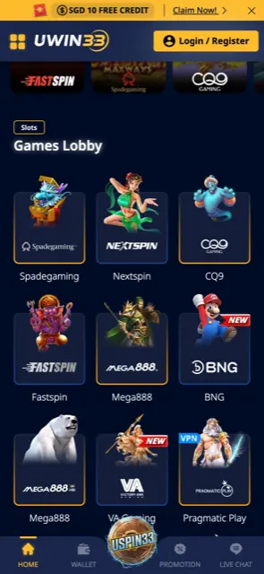 UWIN33 Singapore slots lobby on a phone