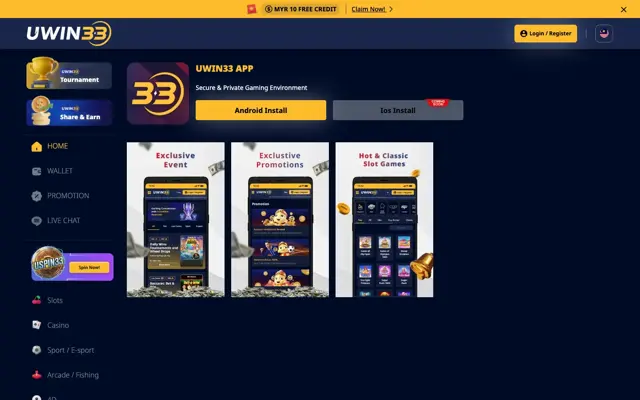 Halaman muat turun aplikasi UWIN33 dengan butang Android Install dan iOS Coming Soon