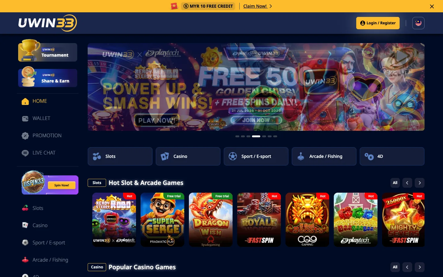 UWIN33 Malaysia homepage with the RM10 free credit bar, Playtech banner and hot slots
