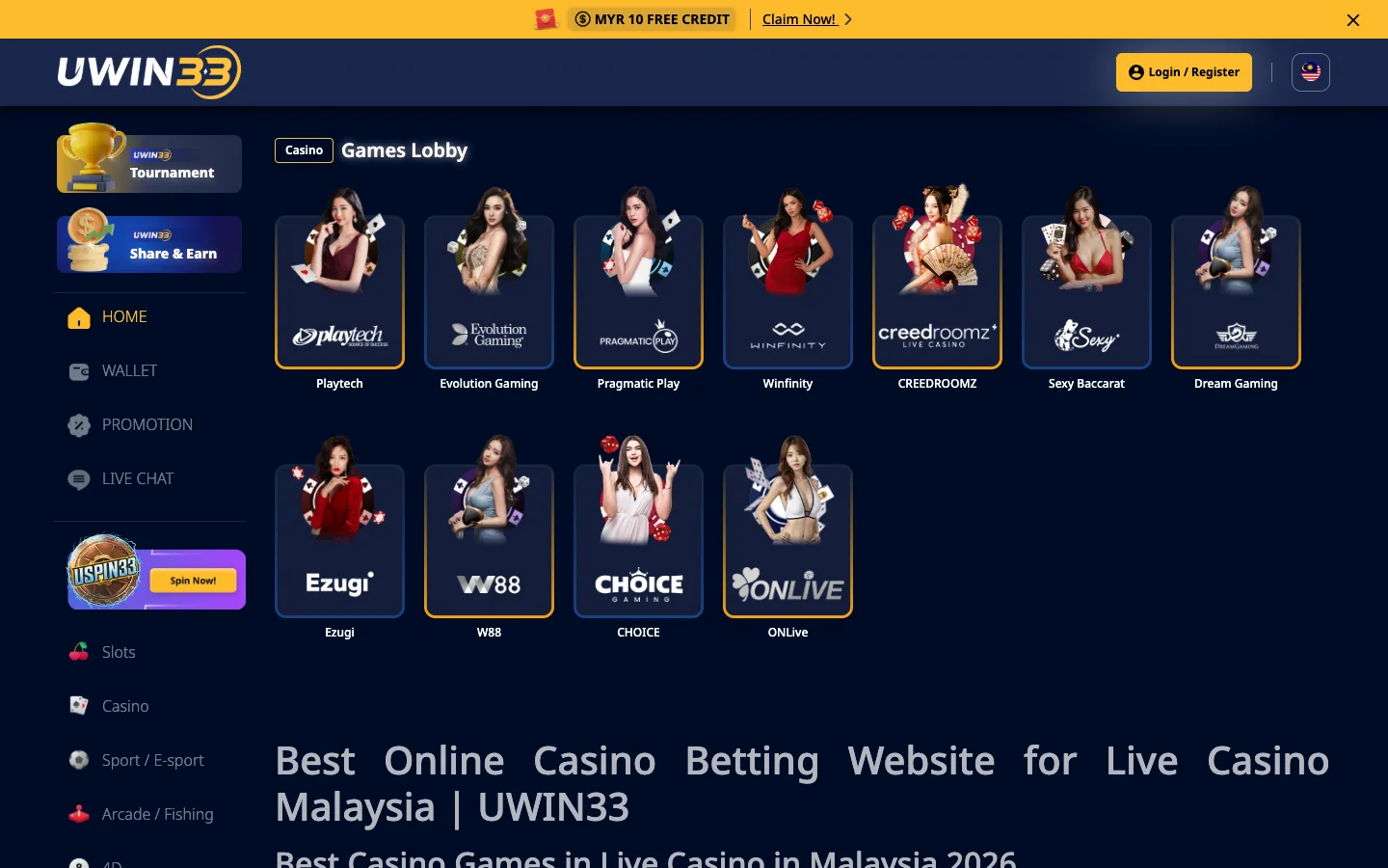 UWIN33 live casino lobby