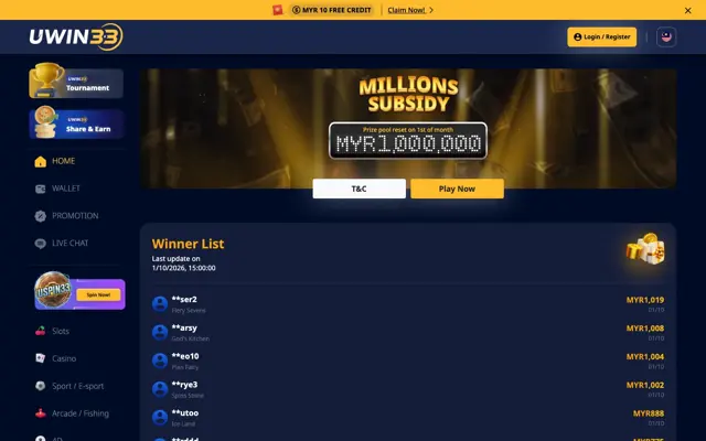 UWIN33 Millions Subsidy page with a MYR 1,000,000 prize pool and winner list
