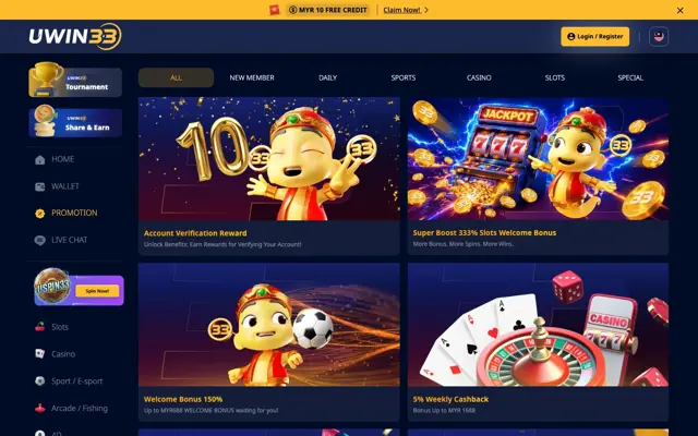 UWIN33 promotions page with account verification reward, 333% slots bonus, welcome bonus and weekly cashback