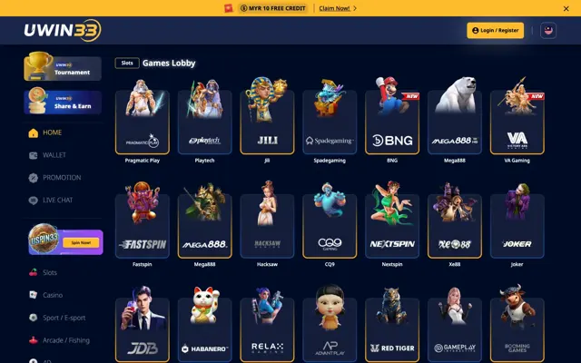 UWIN33 slots games lobby listing Pragmatic Play, Playtech, JILI, Spadegaming, Mega888 and more