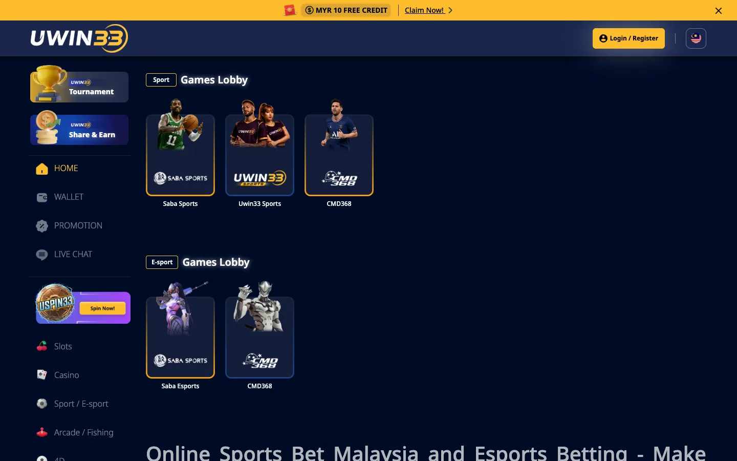 UWIN33 sportsbook lobby with Saba Sports, Uwin33 Sports and CMD368