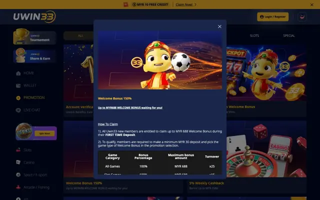 UWIN33 Welcome Bonus 150% terms showing 100% up to MYR 688 with x25 and x15 turnover