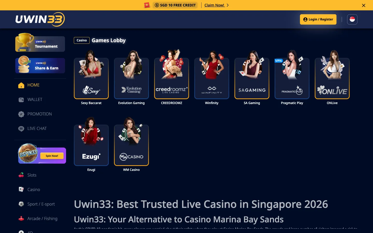 UWIN33 Singapore live casino lobby
