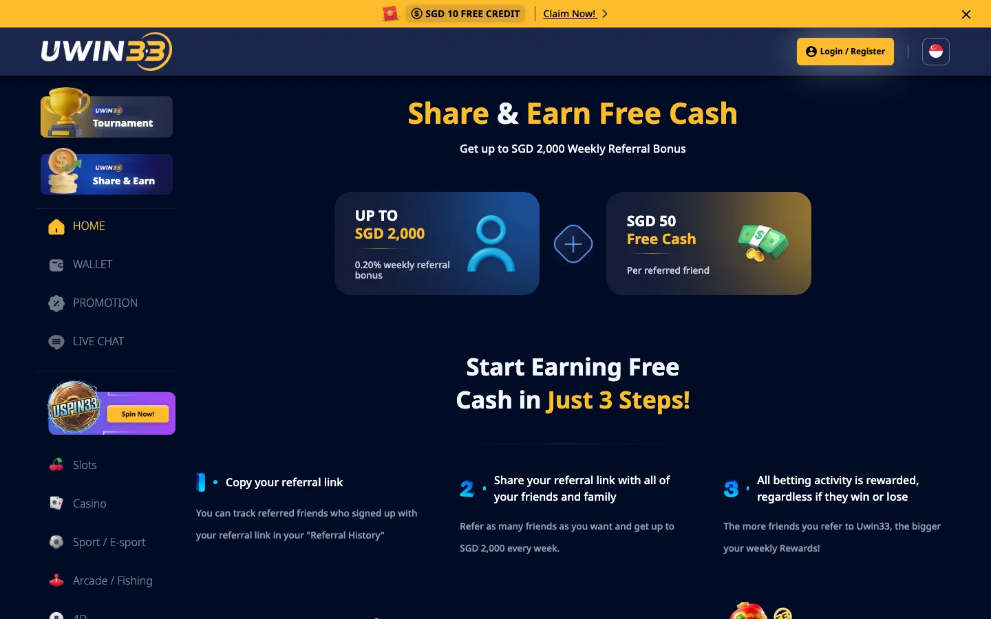 UWIN33 Singapore Share & Earn page