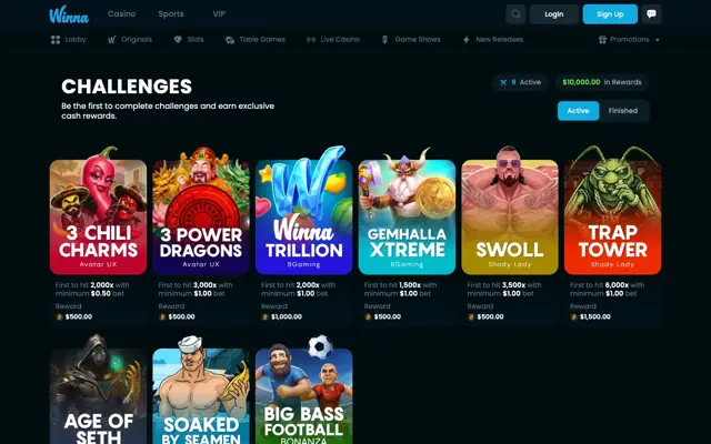 Winna challenges page with nine active slot challenges worth $10,000