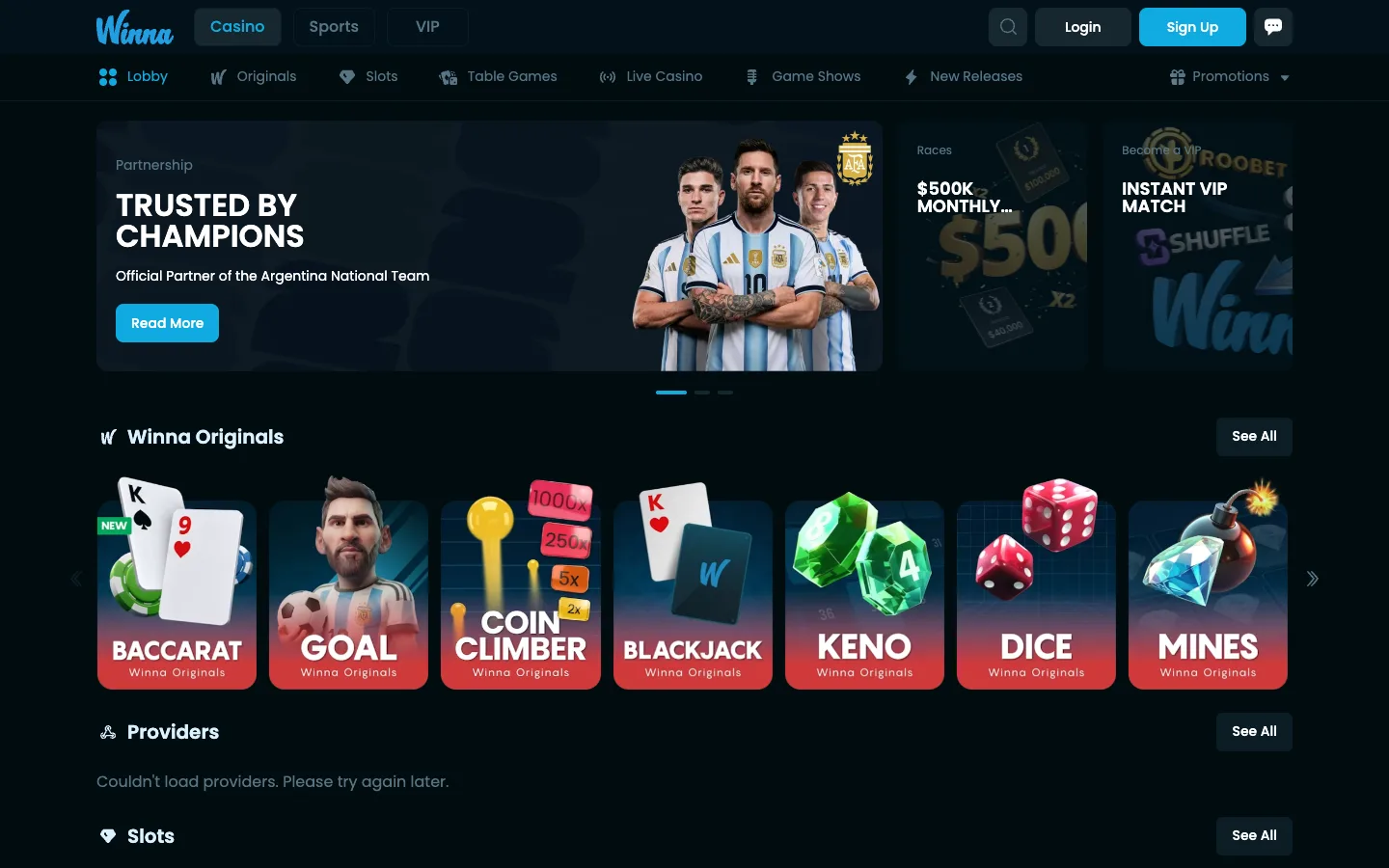 Winna homepage on desktop with the Argentina partnership banner and Winna Originals row