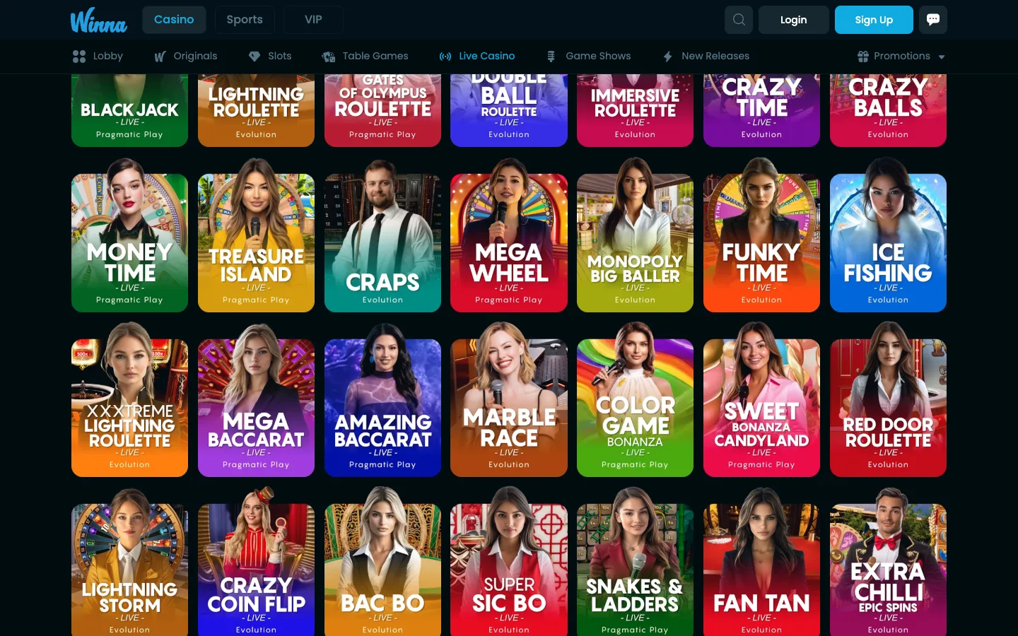 Winna live casino lobby