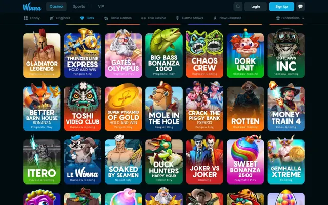 Winna slots lobby with Hacksaw, Pragmatic Play, Penguin King and Nolimit City games