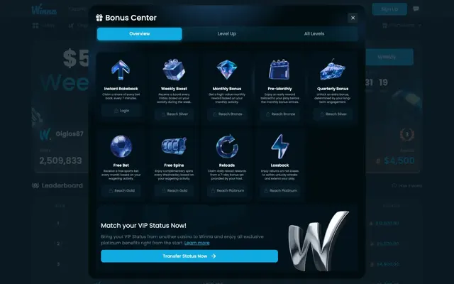 Winna Bonus Center listing instant rakeback, weekly boost, monthly bonus, free spins, free bet, reloads and lossback