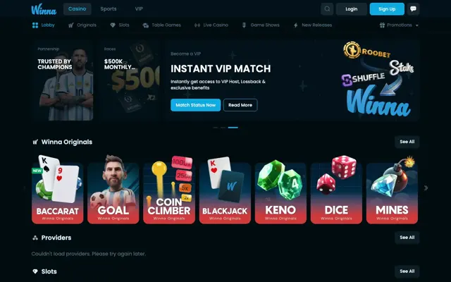 Winna homepage with the Instant VIP Match banner and Winna Originals