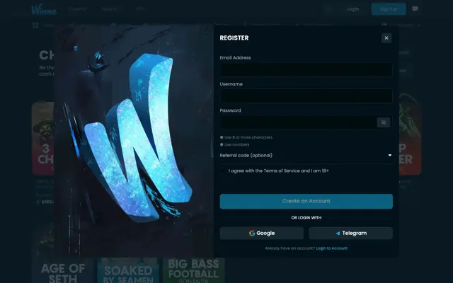Winna sign-up form with email, username, password and Google or Telegram